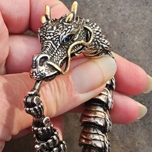Men's Dragon Motif Silver and Gold Tone Articulated Link Bracelet Serpent